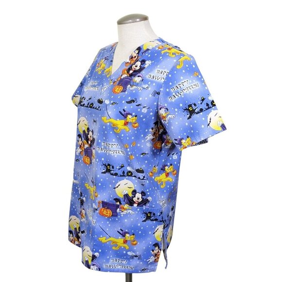 Disney Mickey Mouse Women Size XS Halloween Scrub Top Blue Medical Dental Office - Picture 2 of 6
